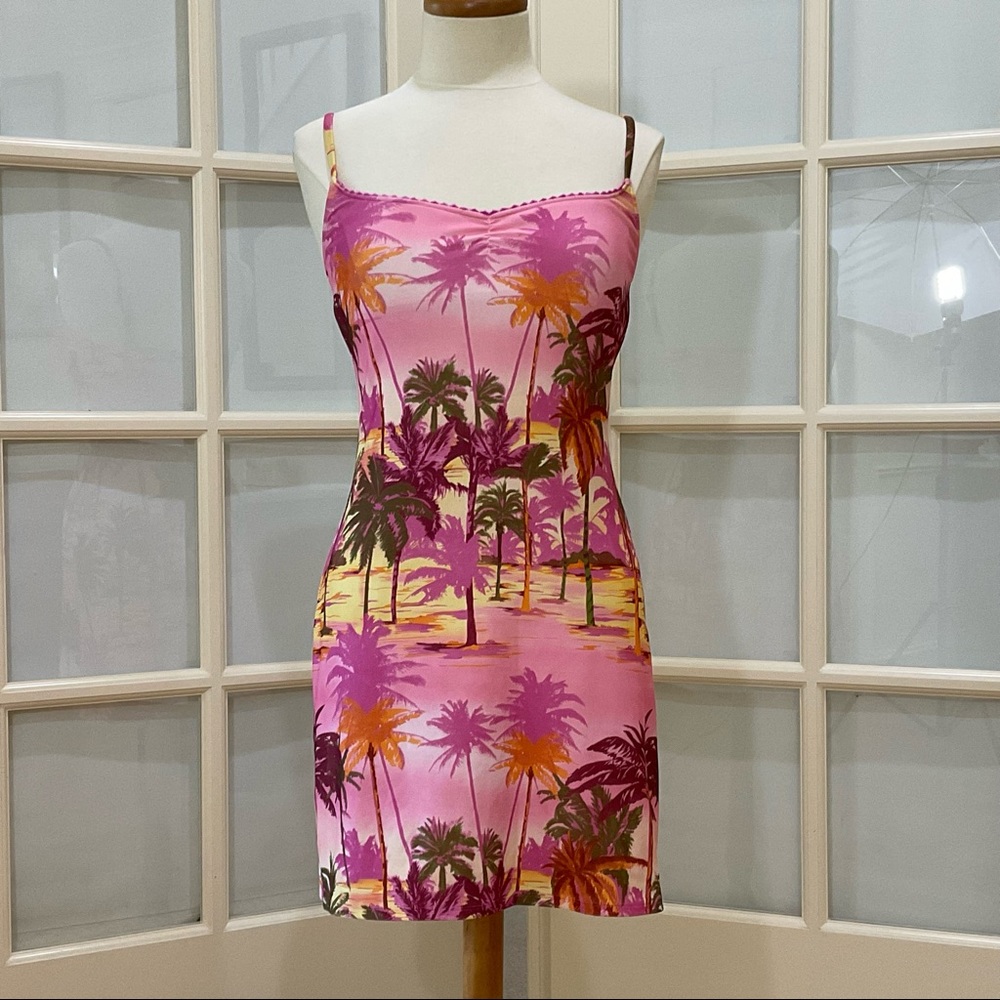 OP Ocean Pacific Pink Tropical Palm Tree Beach Swim Dress S